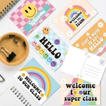 LieToi 60Pcs Welcome Postcards Back to School Supplies - 4 x 6 Inch Welcome to Our Class Blank Hello Greeting Cards Groovy Hippie Boho Daisy Smile Post Cards Gift Student Teacher Preschool Supplies