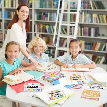 LieToi 60Pcs Welcome Postcards Back to School Supplies - 4 x 6 Inch Welcome to Our Class Blank Hello Greeting Cards Groovy Hippie Boho Daisy Smile Post Cards Gift Student Teacher Preschool Supplies