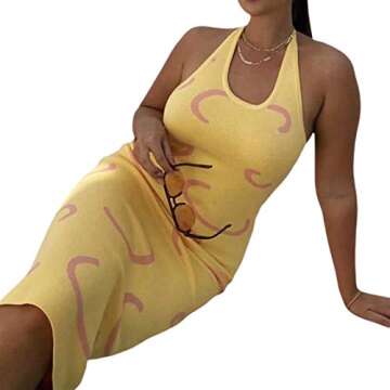 Women Sexy Halter Knit Dress Bodycon Y2K E-Girl Tie Dye Sleeveless Backless Midi Dress Summer Beach Short Tank Dress (B-Yellow, Small)