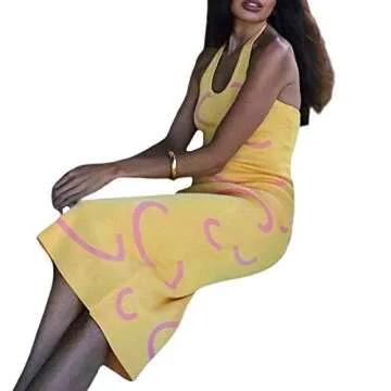 Women Sexy Halter Knit Dress Bodycon Y2K E-Girl Tie Dye Sleeveless Backless Midi Dress Summer Beach Short Tank Dress (B-Yellow, Small)