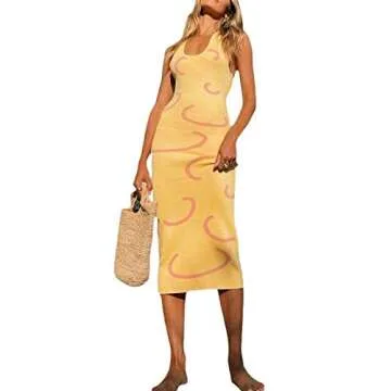 Women Sexy Halter Knit Dress Bodycon Y2K E-Girl Tie Dye Sleeveless Backless Midi Dress Summer Beach Short Tank Dress (B-Yellow, Small)