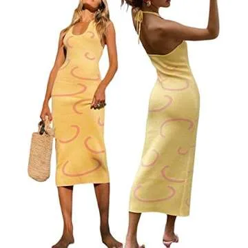 Women Sexy Halter Knit Dress Bodycon Y2K E-Girl Tie Dye Sleeveless Backless Midi Dress Summer Beach Short Tank Dress (B-Yellow, Small)