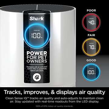 Shark Air Purifier For Home Pets, Allergies, Pet Hair, HEPA Air Filter, 500 Sq Ft, Small Room, Bedroom, Odor Eliminator Clean Sense, Captures 99.98% of Particles, Pet Dander, Fur, Allergens HP102PET