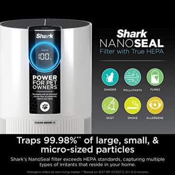 Shark Air Purifier For Home Pets, Allergies, Pet Hair, HEPA Air Filter, 500 Sq Ft, Small Room, Bedroom, Odor Eliminator Clean Sense, Captures 99.98% of Particles, Pet Dander, Fur, Allergens HP102PET