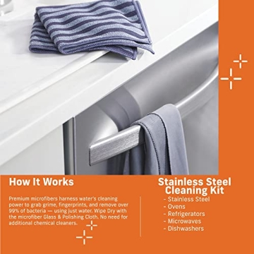 E-Cloth Stainless Steel Cleaning Kit, Microfiber Stainless Steel Cleaner for a Spotless Shine Home Appliances Including Oven, Stove and Refrigerators, Washable and Reusable, 100 Wash Promise