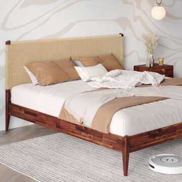 Bme Selina King Bed Frame and Headboard - Handcrafted Paper Cord Headboard, 12-Slat Support, No Box Spring Needed - Easy Assembly, Dark Chocolate