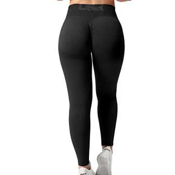QOQ Womens High Waisted Seamless Workout Leggings Butt Lifting Gym Yoga Pants Booty Scrunch Vital Tummy Control Ruched Tights Black M