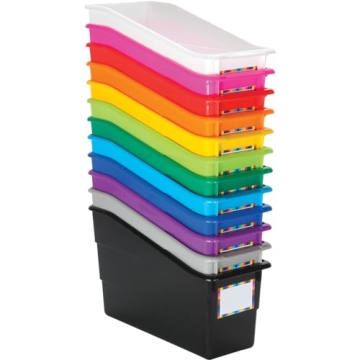 Really Good Stuff Rainbow Organizing Bins, Premium Plastic Book Holders With Name Labels, Vertical S...