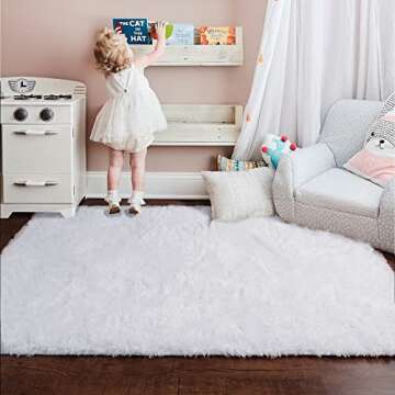 White Fluffy Living Room Rugs, Furry Area Rug 5x8 for Bedroom, Shag Rug for Kids Room, Living Room Decor, Fuzzy Carpet for Nursery, Plush Rug for Game Room, Soft Shaggy Rug for Play Room