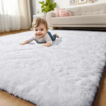 White Fluffy Living Room Rugs, Furry Area Rug 5x8 for Bedroom, Shag Rug for Kids Room, Living Room Decor, Fuzzy Carpet for Nursery, Plush Rug for Game Room, Soft Shaggy Rug for Play Room