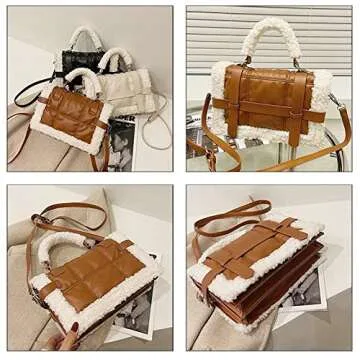 Winter Faux Fur Trim Shoulder Bag Women PU Leather Tote Bag Solid Color Tote Handbag Crossbody Bag for Women