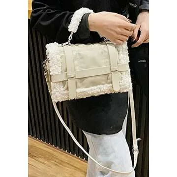 Winter Faux Fur Trim Shoulder Bag Women PU Leather Tote Bag Solid Color Tote Handbag Crossbody Bag for Women