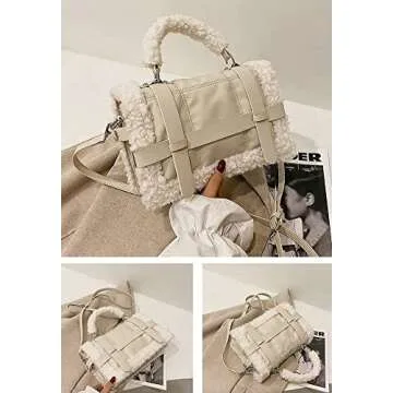 Winter Faux Fur Trim Shoulder Bag Women PU Leather Tote Bag Solid Color Tote Handbag Crossbody Bag for Women