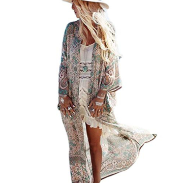 Bsubseach Womens Green Print Bathing Suit Swimsuit Cover Up Beachwear Open Front Kimono Cardigan Swi...