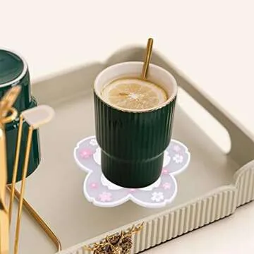 Kawaii Sakura Cup Coaster, Decor Cup Placemat, Cute Kitchen Pot Bowl Pad Placemat, Cherry Blossom Coaster, Table Cup Mat, Flower Pattern Mug Pink Coasters Set 2 for Drinks, Coffee, Tea (Purple/White)