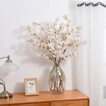 Sunm Boutique Silk Cherry Blossom Branches, Artificial Cherry Blossom Tree Stems Faux Cherry Flowers Vase Arrangements for Wedding Home Decor, Set of 5