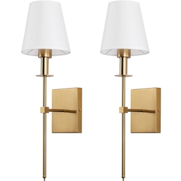 KELUOLY Gold Wall Sconces Set of 2, Hardwired Brushed Brass Sconces Wall Lighting, Classic Bathroom ...