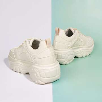 LUCKY STEP Women Chunky Platform Dad Colorblock White Neon Green Fuchsia Hologram Silver Casual Lace-Up Walking Sneakers(Beige, 7 B(M) US)