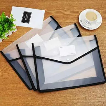 Abgream 7 Pack File Folder - Expandable Poly Envelopes B4 Plastic Document Folder Button Closure Waterproof File Pouch with 7pcs Black Gel Ink Pens for School Office Supplies (Black)