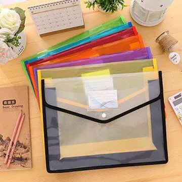 Abgream 7 Pack File Folder - Expandable Poly Envelopes B4 Plastic Document Folder Button Closure Waterproof File Pouch with 7pcs Black Gel Ink Pens for School Office Supplies (Black)