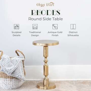 Small Round Gold Side Table by Objet D’Art, Rhodes, Accent, End, Pedestal, Martini, Cocktail and Drink Table for Living Room and Small Spaces, Vintage Metal Brass Style Decor, 21” Height