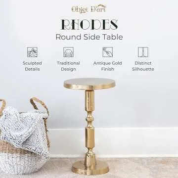 Small Round Gold Side Table by Objet D’Art, Rhodes, Accent, End, Pedestal, Martini, Cocktail and Drink Table for Living Room and Small Spaces, Vintage Metal Brass Style Decor, 21” Height