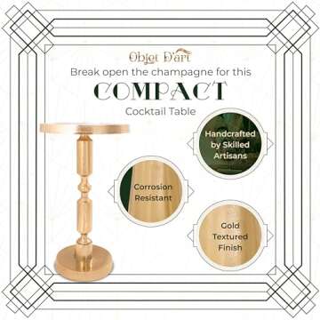 Small Round Gold Side Table by Objet D’Art, Rhodes, Accent, End, Pedestal, Martini, Cocktail and Drink Table for Living Room and Small Spaces, Vintage Metal Brass Style Decor, 21” Height