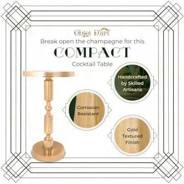 Small Round Gold Side Table by Objet D’Art, Rhodes, Accent, End, Pedestal, Martini, Cocktail and Drink Table for Living Room and Small Spaces, Vintage Metal Brass Style Decor, 21” Height