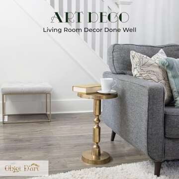 Small Round Gold Side Table by Objet D’Art, Rhodes, Accent, End, Pedestal, Martini, Cocktail and Drink Table for Living Room and Small Spaces, Vintage Metal Brass Style Decor, 21” Height