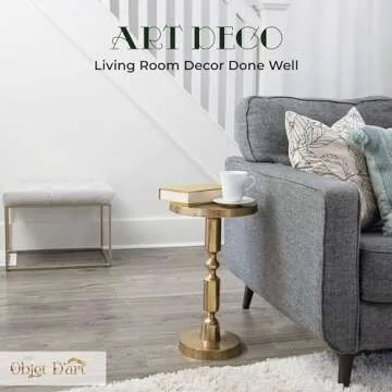 Small Round Gold Side Table by Objet D’Art, Rhodes, Accent, End, Pedestal, Martini, Cocktail and Drink Table for Living Room and Small Spaces, Vintage Metal Brass Style Decor, 21” Height