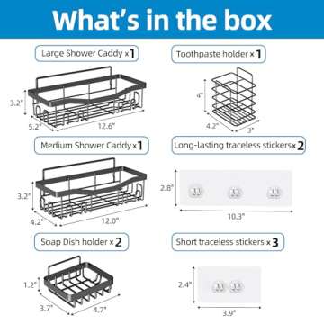 Youvip Shower Caddy, Shower Organizers 5 Pack, Rustproof Bathroom Shower Shelves for Inside Shower, Adhesive Shower Caddy with Soap Holder & Toothbrush Holder No Drilling, Black