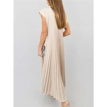 KEOMUD Women Summer Pleated Maxi Dress Casual Short Sleeve Crewneck Flowy Swing Long Dress with Pockets Beige Small