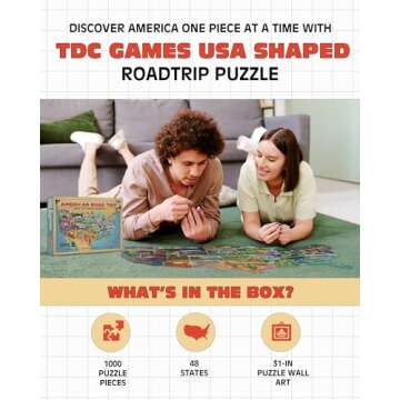 TDC Games USA - Shaped 1000 Piece Puzzle - Large Challenging Map with Roadtrip Art, Educational Game...