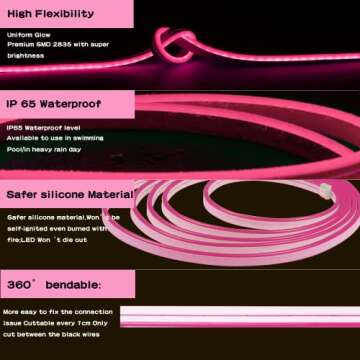 Meijiajia Flexible Pink LED Neon Strip Lights - Customizable Decor