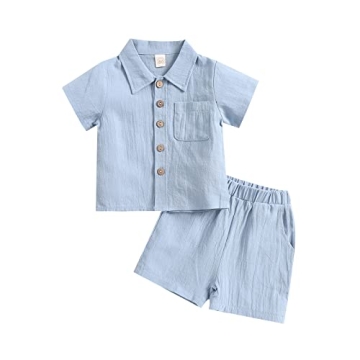 SHIBAOZI Toddler Baby Boys Clothes Set Button-down Shirt Tops + Cotton Linen Shorts Summer Outfit 2P...