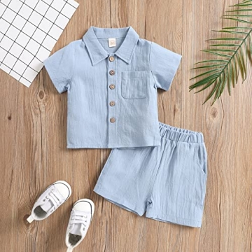 SHIBAOZI Toddler Baby Boys Clothes Set Button-down Shirt Tops + Cotton Linen Shorts Summer Outfit 2PCS with Pockets (Blue, 12-18 Months)