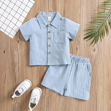 SHIBAOZI Toddler Baby Boys Clothes Set Button-down Shirt Tops + Cotton Linen Shorts Summer Outfit 2PCS with Pockets (Blue, 12-18 Months)