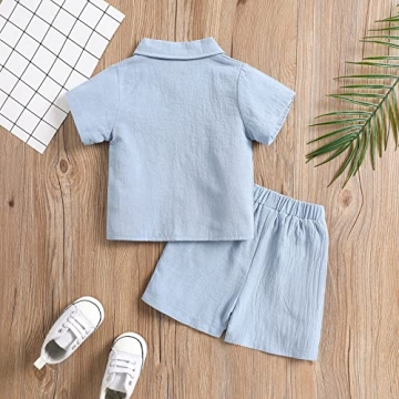 SHIBAOZI Toddler Baby Boys Clothes Set Button-down Shirt Tops + Cotton Linen Shorts Summer Outfit 2PCS with Pockets (Blue, 12-18 Months)