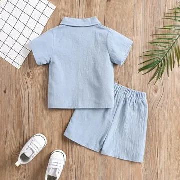 SHIBAOZI Toddler Baby Boys Clothes Set Button-down Shirt Tops + Cotton Linen Shorts Summer Outfit 2PCS with Pockets (Blue, 12-18 Months)