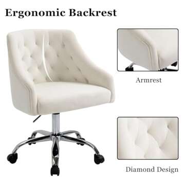 ANOUR Velvet Office Chairs,Modern Cute Home Office Desk Chairs with Wheels,Swivel Adjustable Task Armchairs,Vanity Chairs for Bedroom,Study Room,Office(White)