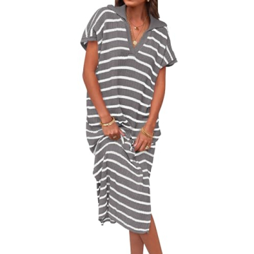 ZESICA Women's Summer Striped Midi Dress - Casual V Neck Knit Dress, Gray, Small