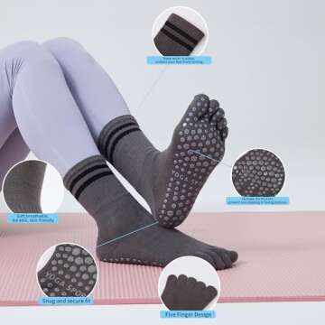 KULLAMEE 3Pairs Grippy Yoga Socks for Women – Full Toe Cotton Crew Pilates Socks with Non Slip Sticky Grip Bottom,Gifts for Yoga,Barre,Pilates,Dance,Exercises and indoor walking.(Black/Grey/White)