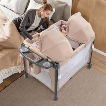 JOYMOR Twin Bassinet for Baby, Beige Bedside Bassinet, Convertible to Bedside Sleeper and Playpen, with Wheel, Brake, Foldable Side Sleeper,Beige