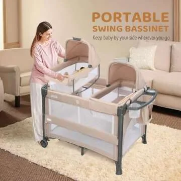 JOYMOR Twin Bassinet for Baby, Beige Bedside Bassinet, Convertible to Bedside Sleeper and Playpen, with Wheel, Brake, Foldable Side Sleeper,Beige