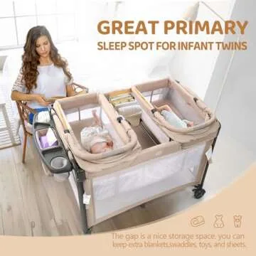 JOYMOR Twin Bassinet for Baby, Beige Bedside Bassinet, Convertible to Bedside Sleeper and Playpen, with Wheel, Brake, Foldable Side Sleeper,Beige
