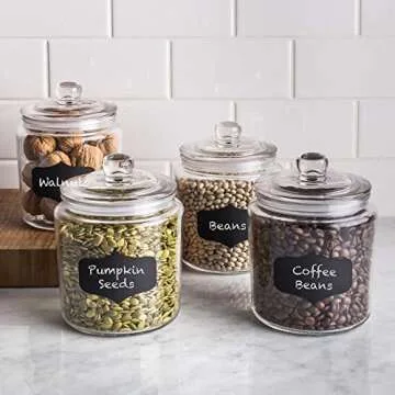 1 Gallon Glass Cookie Jars + Labels & Marker - Set of 2 Canister Sets for Kitchen Counter with Airtight Lids, Sugar Packet Holders Food Storage Containers with Lids Airtight for Pantry, Flour, Sugar,