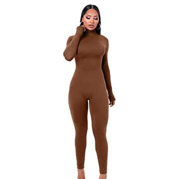 YIMISAN Women's Long Sleeve One Piece Bodycon Leggings Jumpsuits High Neck Sexy Tights Outfit Long Sleeve Rompers