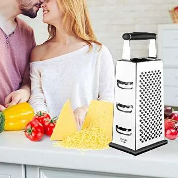 Box Grater, McoMce Cheese Graters Stainless Steel for Kitchen, Graters for Kitchen with 4 Sides, Grater Easy to Use and Non-Slip Base, Suitable for Parmesan Cheese, Vegetables, Ginger(Black)