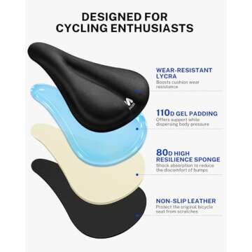 MEENCOOL Bike Seat Cushion - Gel Padded Bike Seat Cover for Men Women Comfort, Adjustable Velcro Secure Bicycle Seat Cushion Compatible with Peloton, Indoor & Outdoor Bicycle Seat(11"x7"，Black)