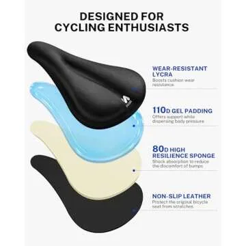 MEENCOOL Bike Seat Cushion - Gel Padded Bike Seat Cover for Men Women Comfort, Adjustable Velcro Secure Bicycle Seat Cushion Compatible with Peloton, Indoor & Outdoor Bicycle Seat(11"x7"，Black)